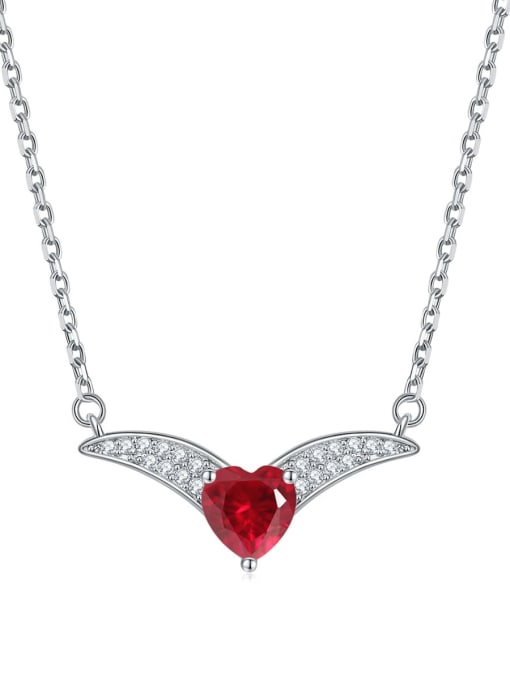 Red corundum [July] 925 Sterling Silver Birthstone Heart Dainty V Shape Pendant Necklace